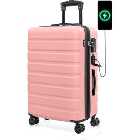 AnyZip Suitcase, 20" Carry On Luggage 14" Mini Cosmetic Cases Luggage Sets Hardside PC ABS Lightweight USB Suitcase with Wheels TSA for kids (2 Piece Set 14/20, Pink)