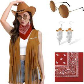 FunMular Western Outfit for Women Cowgirl Outfit Costume Accessories Disco Cowboy Hat Tassel Fringe Vest Earring Bandana
