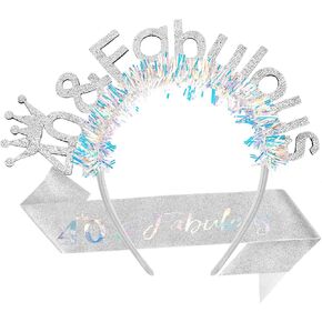 AOPRIE 40 & Fabulous Birthday Sash for Women Birthday Tiara & Crowns Headbands for Girls Happy Birthday Accessories Favor Supllies Silver, 2 Pack