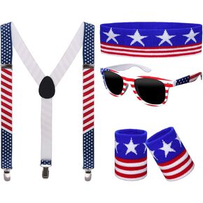 hoyuwak 4th of July Patriotic Costume Accessories Set Independence Day Sunglasses American Flag Striped Headband Wristbands Suspenders for Women Men