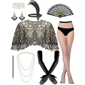 9 Pieces 1920s Flapper Gatsby Accessories Set Fashion Roaring 20s Party Costume Theme Set Tea Party Hat Dress up with Headband Headpiece for Women, Black Gold