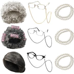 تشمل مجموعة أزياء Ceenna 9 PCS Old Lady Party نظارات شعر مستعار الجدة مع سلسلة لؤلؤة الاصطناعية