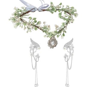 SWEETV Fairy Crown Elf Ears Cuffs Set Flower Crown Headpiece Halloween Elves Cosplay Set Renaissance Costume Medieval Tiara