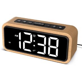 Netzu Wooden Alarm Clock, Loud Digital Plug-in Clock with 5 Volumes, 12 Ringtones, Manual DST, Snooze for Heavy Sleepers Bedroom Bedside Living Room Office Wood Decor