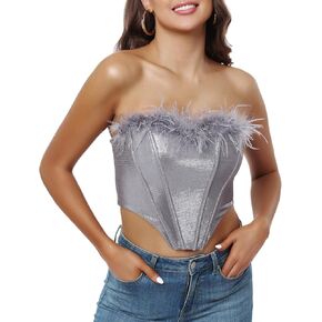 TOPMELON Furry Bustier Crop Corset Strapless Boned Tube Top Push Up Bodyshaper Slim Party Crop Top
