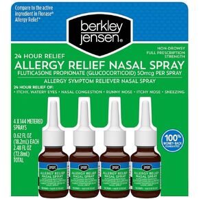berkley jensen 24-Hour Allergy Relief Nasal Spray, Fluticasone Propionate (Glucocorticoid), 50 mcg, Full Prescription Strength, Non-Drowsy, 4 Bottles x 144 Metered Sprays, 0.62 Fl OZ per Bottle