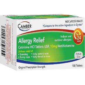 CAMBER CETIRIZINE HCI 10MG أقراص ، راحة الحساسية على مدار 24 ساعة ، أدوية الحساسية - 100 عدد