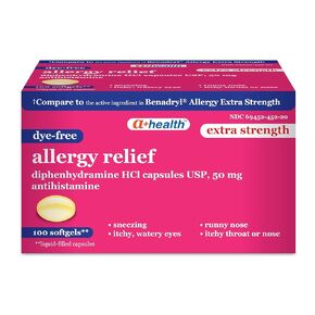 Dye-Free Extra Strength Allergy Relief Medicine, Diphenhydramine HCl 50mg Softgels, Antihistamine,100 Count