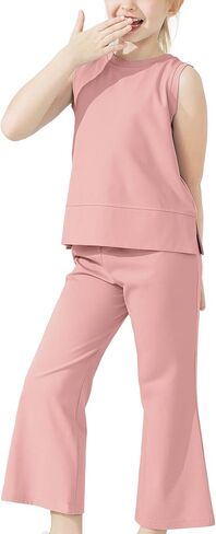 Kids Summer 2 Piece Outfits Sleeveless Split Tops Wide Leg Pants Sets Clothes 2025 Cute Suit in Saudi Arabia