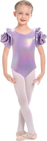 AFAVOM Gymnastic Leotard for Girls Ballet Dance Metallic Leotards 3D Flower Short Sleeve Bodysuit Acrobatic Shiny Jumpsuit in Saudi Arabia