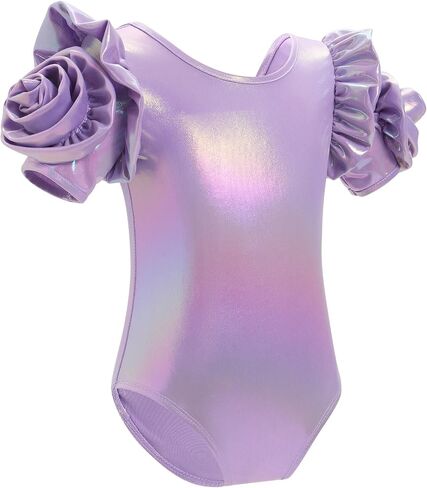 AFAVOM Gymnastic Leotard for Girls Ballet Dance Metallic Leotards 3D Flower Short Sleeve Bodysuit Acrobatic Shiny Jumpsuit in Saudi Arabia