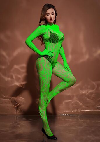 Women Sexy Exotic Dancer Fishnets Lingerie Bodysuit One Piece Long-sleeve Lace Bodystocking Rave Outfits Clubwear in Kuwait