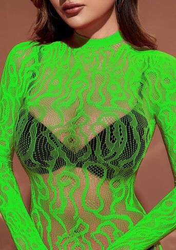 Women Sexy Exotic Dancer Fishnets Lingerie Bodysuit One Piece Long-sleeve Lace Bodystocking Rave Outfits Clubwear in Kuwait