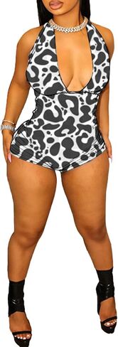 Molilove Womens Cheetah Jumpsuit Mesh Sexy Halter Sleeveless Leopard Romper Y2K Bodycon One Piece Outfits Clubwear in Kuwait