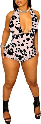 Molilove Womens Cheetah Jumpsuit Mesh Sexy Halter Sleeveless Leopard Romper Y2K Bodycon One Piece Outfits Clubwear in Kuwait