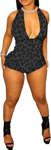 Molilove Womens Cheetah Jumpsuit Mesh Sexy Halter Sleeveless Leopard Romper Y2K Bodycon One Piece Outfits Clubwear in Kuwait