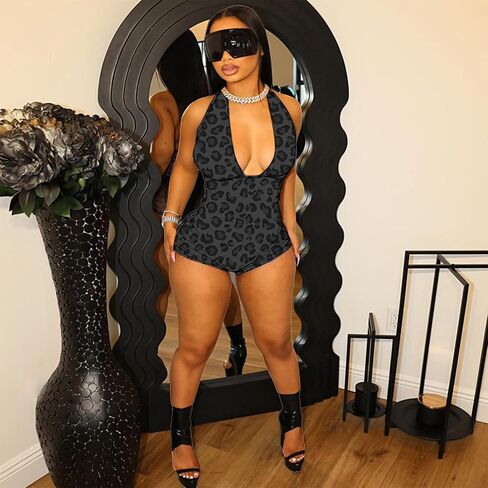 Molilove Womens Cheetah Jumpsuit Mesh Sexy Halter Sleeveless Leopard Romper Y2K Bodycon One Piece Outfits Clubwear in Kuwait
