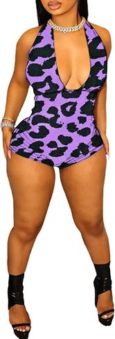 Molilove Womens Cheetah Jumpsuit Mesh Sexy Halter Sleeveless Leopard Romper Y2K Bodycon One Piece Outfits Clubwear in Kuwait
