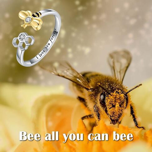 925-Sterling-Silver Fidget-Anxiety Sunflower Bee Ring - Adjustable White/18K Gold Plated Bumblebee Spinner Thumb Honey Rings Jewelry Christams Gifts for Women Mom Daughter Sister in Saudi Arabia