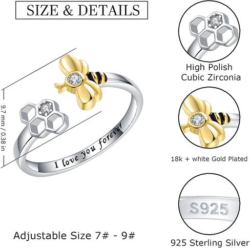 925-Sterling-Silver Fidget-Anxiety Sunflower Bee Ring - Adjustable White/18K Gold Plated Bumblebee Spinner Thumb Honey Rings Jewelry Christams Gifts for Women Mom Daughter Sister in Saudi Arabia