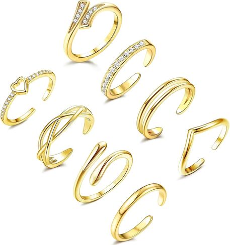 8 PCS حلقات إصبع القدم للنساء قابلة للتعديل 14K الذهب/الفضة حلقات ذيل الطرف المطلي مفتوحة القلب CZ خاتم أخمص القدم in Kuwait