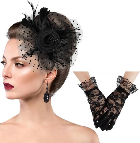 Fascinators Hats for Women Flower Mesh Feathers Cocktail Tea Party Hats and Lace Gloves in Kuwait