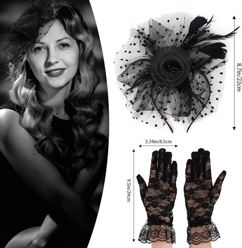 Fascinators Hats for Women Flower Mesh Feathers Cocktail Tea Party Hats and Lace Gloves in Kuwait