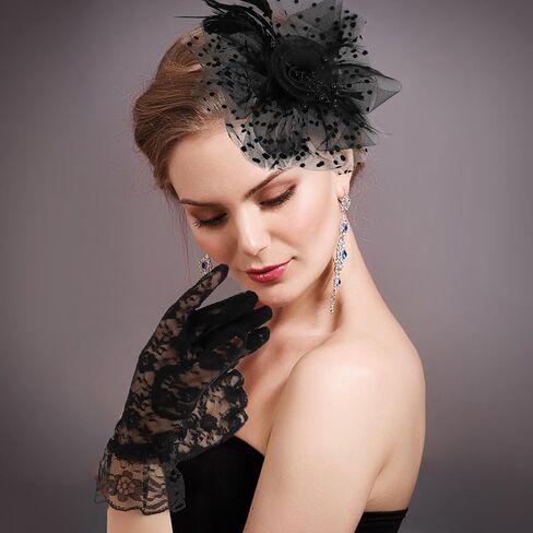 Fascinators Hats for Women Flower Mesh Feathers Cocktail Tea Party Hats and Lace Gloves in Kuwait