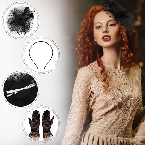 Fascinators Hats for Women Flower Mesh Feathers Cocktail Tea Party Hats and Lace Gloves in Kuwait