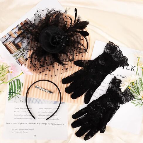 Fascinators Hats for Women Flower Mesh Feathers Cocktail Tea Party Hats and Lace Gloves in Kuwait