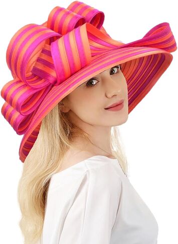 Wedding Bridal Church Party Derby Hats for Women Striped Bowler Hat Wide Brim Fascinator Flat Top Fedora Hats in Kuwait