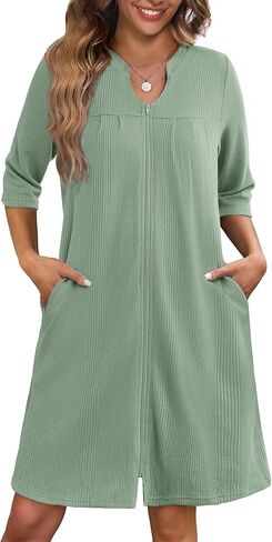 Ekouaer Zipper Robes for Women 3/4 Sleeve Waffle Knit Bathrobe Lightweight Short Housecoat with Pockets Soft Loungewear S-3XL in Saudi Arabia