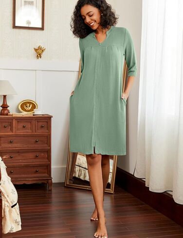 Ekouaer Zipper Robes for Women 3/4 Sleeve Waffle Knit Bathrobe Lightweight Short Housecoat with Pockets Soft Loungewear S-3XL in Saudi Arabia