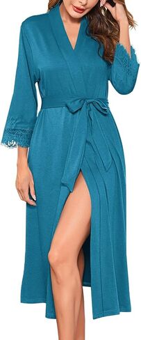 ekouaer المرأة المتماسكة رداء الحمام الدانتيل كيمونو الجلباب مع جيوب الطول كامل loungewear s-xxl in Saudi Arabia