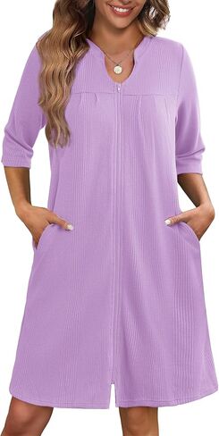 Ekouaer Zipper Robes for Women 3/4 Sleeve Waffle Knit Bathrobe Lightweight Short Housecoat with Pockets Soft Loungewear S-3XL in Saudi Arabia