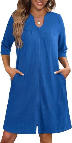 أردية ekouaer Zipper للنساء 3/4 الأكمام وافل رداء الاستحمام خفيف الوزن القصيرة مع جيوب صالة ناعمة S-3XL in Saudi Arabia