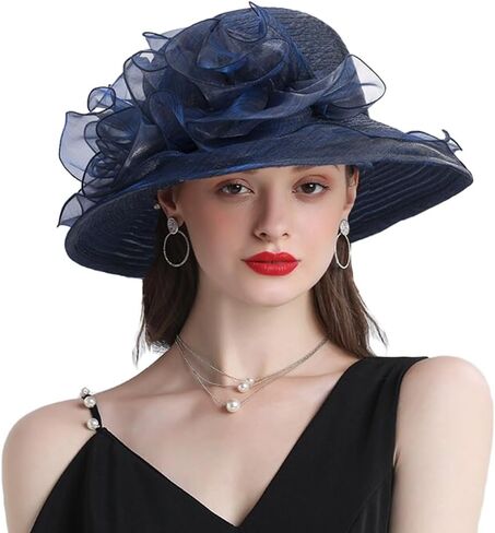 Women Organza Kentucky Sun-Hats - Wide-Brim Flower Church Hats Beach Derby Hat for Tea Party Wedding Bridal Dress in Kuwait