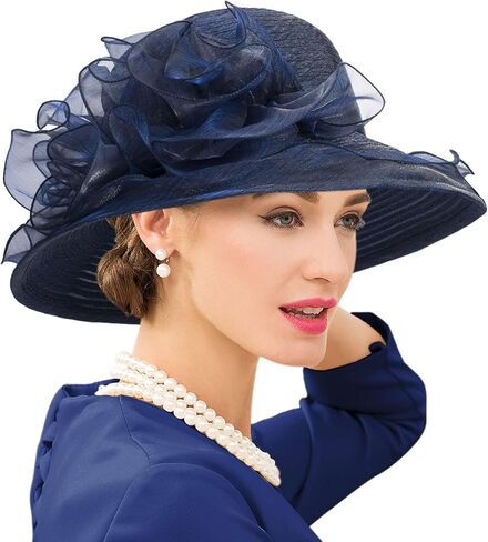 Women Organza Kentucky Sun-Hats - Wide-Brim Flower Church Hats Beach Derby Hat for Tea Party Wedding Bridal Dress in Kuwait