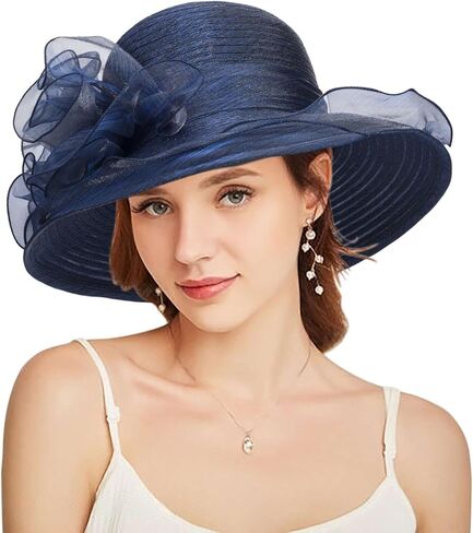 Women Organza Kentucky Sun-Hats - Wide-Brim Flower Church Hats Beach Derby Hat for Tea Party Wedding Bridal Dress in Kuwait