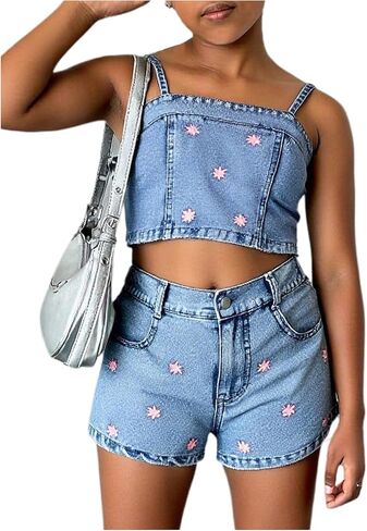 WDIRARA Girl's 2 Piece Cute Denim Outfits Bow Floral Sleeveless Crop Camisole Top and Shorts Set in Saudi Arabia
