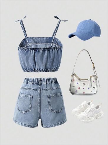WDIRARA Girl's 2 Piece Cute Denim Outfits Bow Floral Sleeveless Crop Camisole Top and Shorts Set in Saudi Arabia