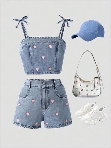 WDIRARA Girl's 2 Piece Cute Denim Outfits Bow Floral Sleeveless Crop Camisole Top and Shorts Set in Saudi Arabia