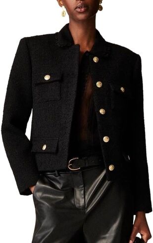 Womens Cropped Tweed Jackets Collarless Button Down Business Blazer Casual Outfits with Pockets in Saudi Arabia