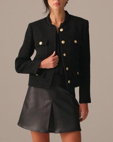 Womens Cropped Tweed Jackets Collarless Button Down Business Blazer Casual Outfits with Pockets in Saudi Arabia