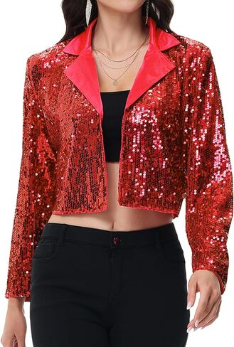 Anna-Kaci Women's Sparkly Crop Sequin Blazer Jacket Long Sleeve Party Club Cardigan Out, Black and Silver, Large in Saudi Arabia