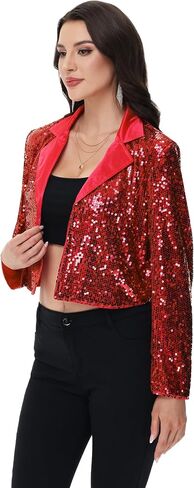 Anna-Kaci Women's Sparkly Crop Sequin Blazer Jacket Long Sleeve Party Club Cardigan Out, Black and Silver, Large in Saudi Arabia
