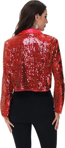 Anna-Kaci Women's Sparkly Crop Sequin Blazer Jacket Long Sleeve Party Club Cardigan Out, Black and Silver, Large in Saudi Arabia