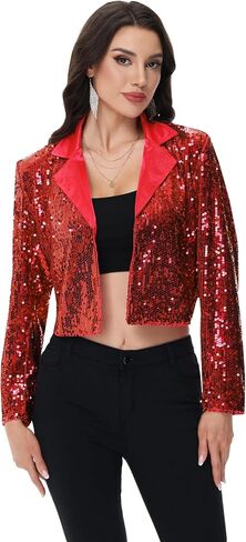 Anna-Kaci Women's Sparkly Crop Sequin Blazer Jacket Long Sleeve Party Club Cardigan Out, Black and Silver, Large in Saudi Arabia
