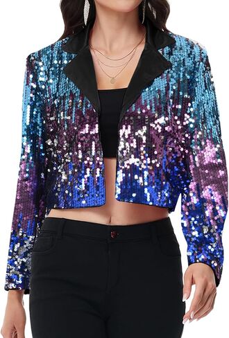 Anna-Kaci Women's Sparkly Crop Sequin Blazer Jacket Long Sleeve Party Club Cardigan Out, Black and Silver, Large in Saudi Arabia