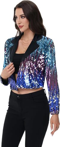 Anna-Kaci Women's Sparkly Crop Sequin Blazer Jacket Long Sleeve Party Club Cardigan Out, Black and Silver, Large in Saudi Arabia